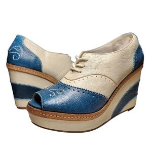 Anthropologie Two-Tone Blue and Cream Peep-Toe Wedge Oxfords